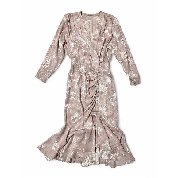 Vintage 80s Blouson Jacquard Drape Midi Dress Sz S Powder Pink Elegant Ladylike - Picture 1 of 9